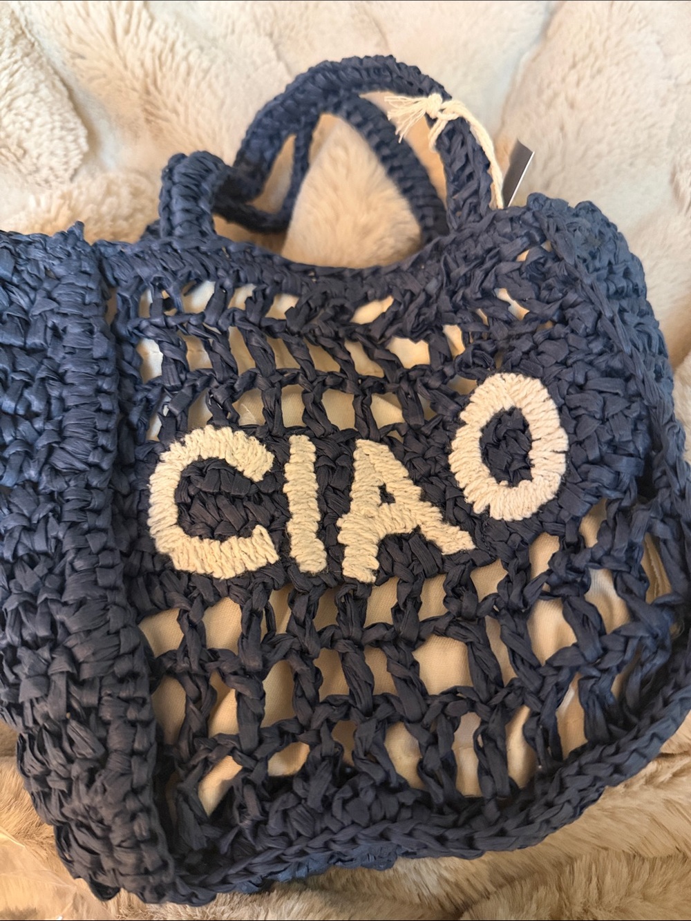 Universal Thread Navy Crochet Tote with White 'CIAO' Lettering